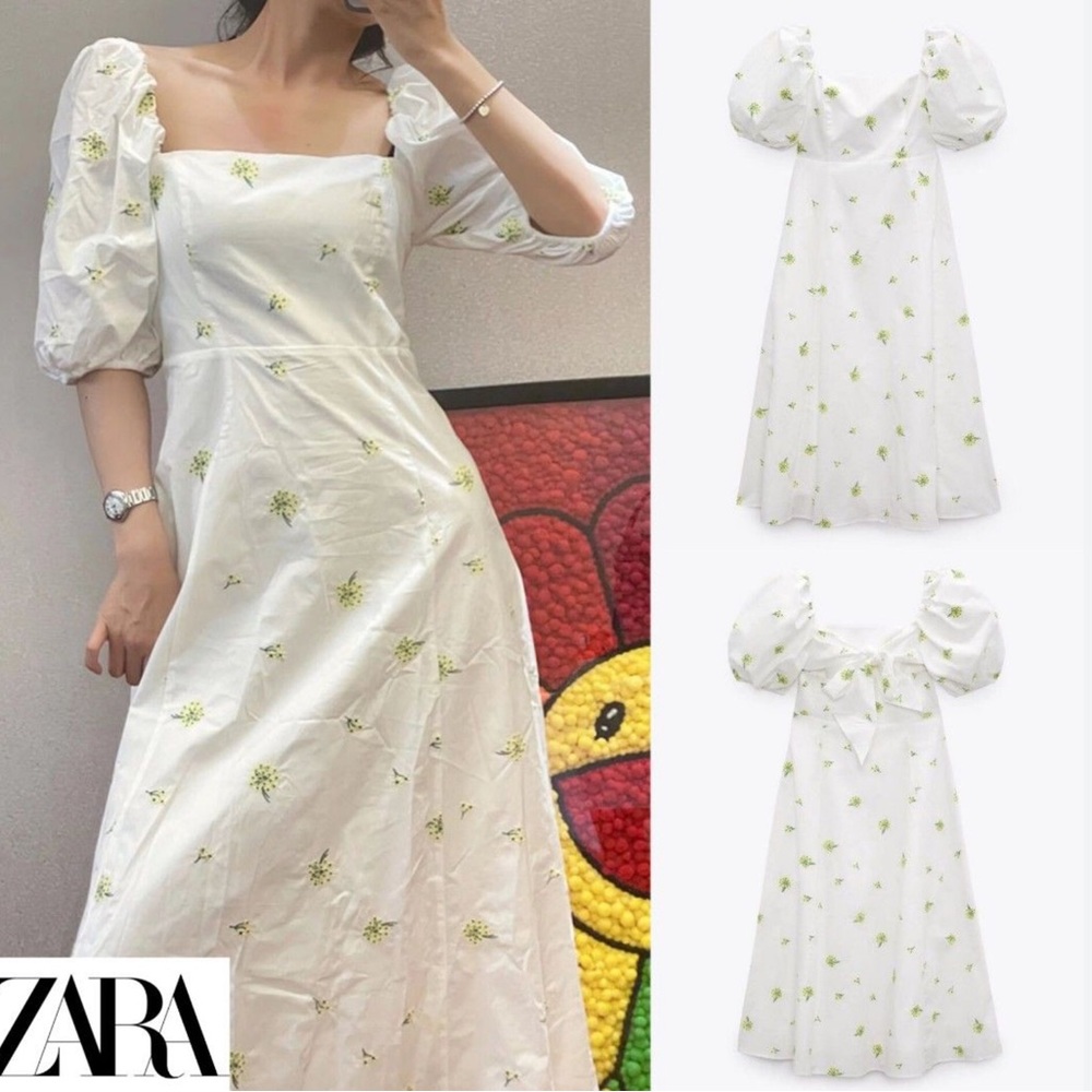 #106 - ZARA White Embroidered Poplin Long Dress -  Size Small